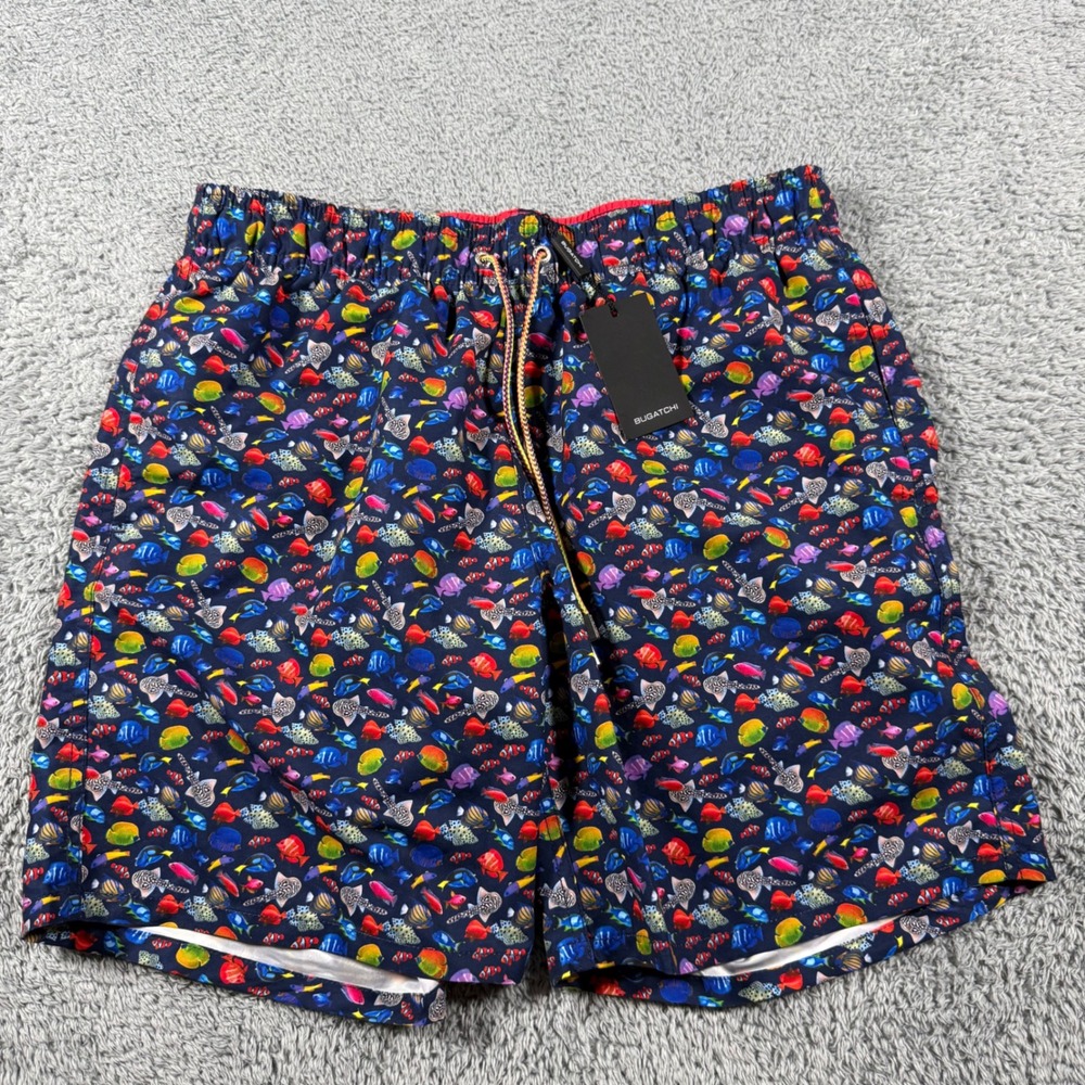 NWT Bugatchi Swim Trunks Men Large Navy Tropical Fish Print Mech Lined